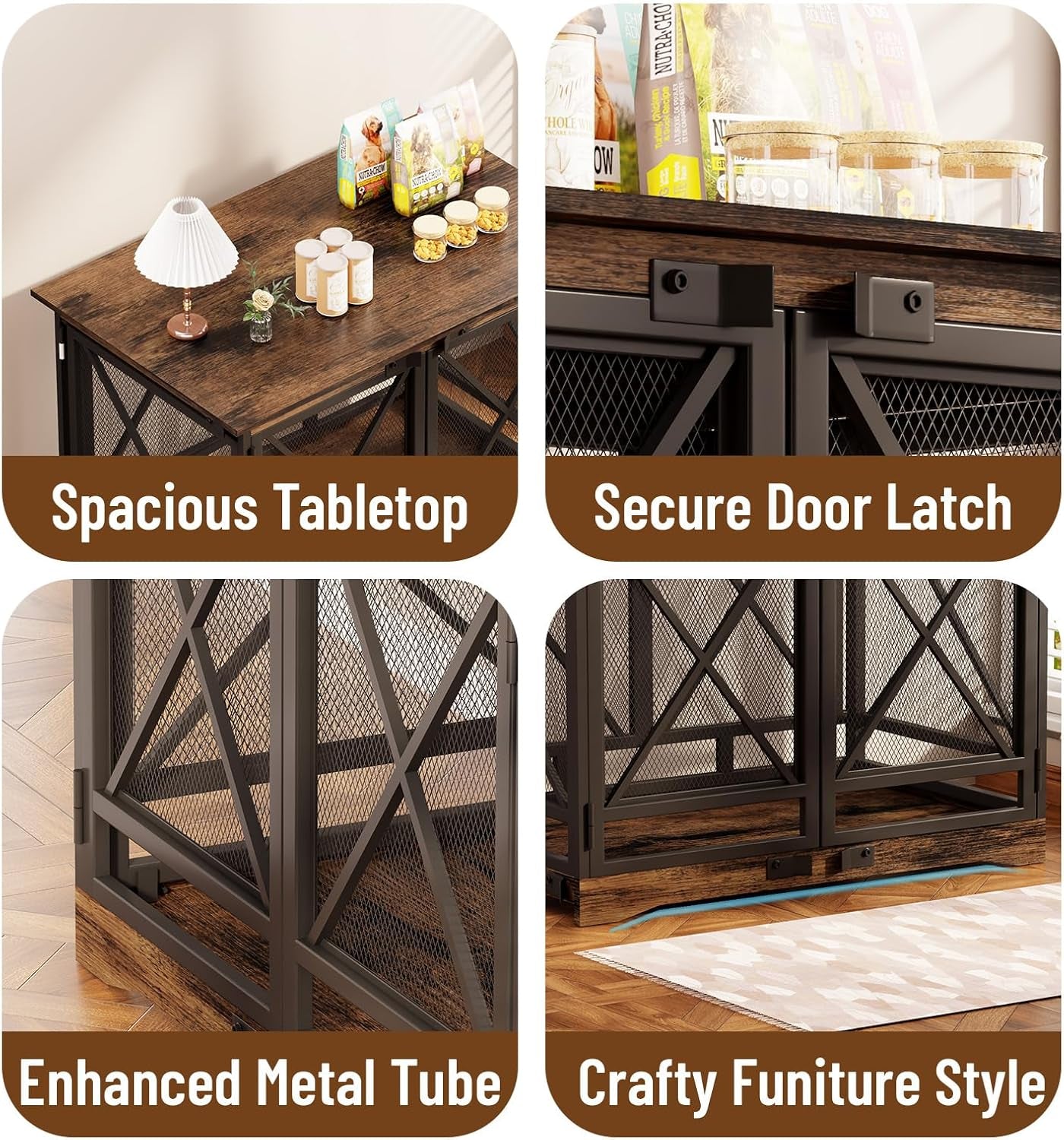 Dog Crate Furniture, 48 Inch Dog Crates for Medium/Large Dogs, Farmhouse Wood Dog Kennel Indoor Heavy Duty Dog Cage with Caster Wheels (Gray)