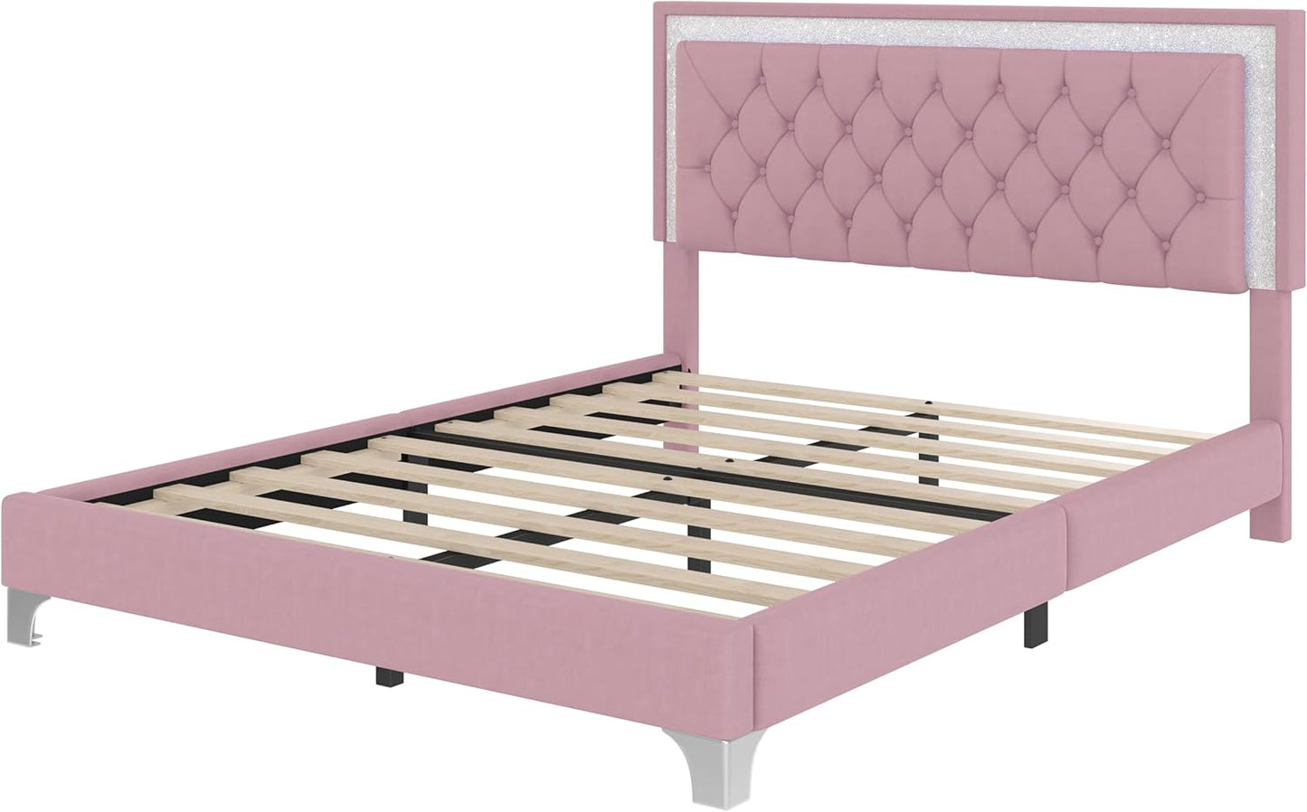 Bedroom Sets, 3-Pieces Bedroom Sets, Queen Size Upholstered Platform Bed with LED Lights and 2 Nightstands, Pink