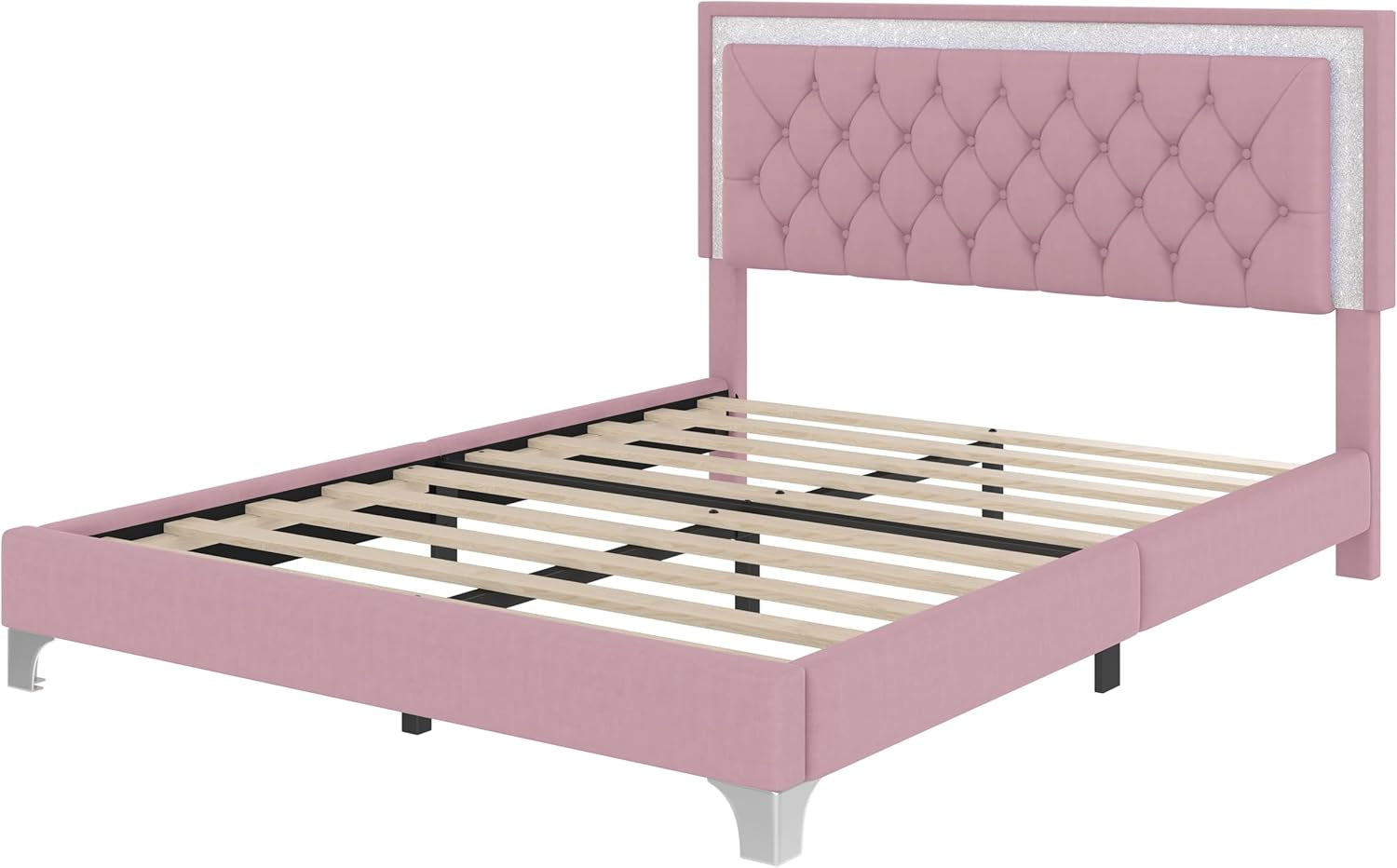 Bedroom Sets, 3-Pieces Bedroom Sets, Queen Size Upholstered Platform Bed with LED Lights and 2 Nightstands, Pink