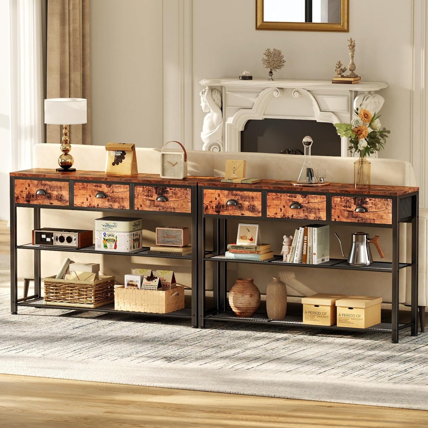 White Entryway Table, 38'' Console Sofa Table with 3 Fabric Drawers, Industrial Entry Way Table with Storage Shelves, Display Shelf for Living Room, Hallway, Entrance, Foyer