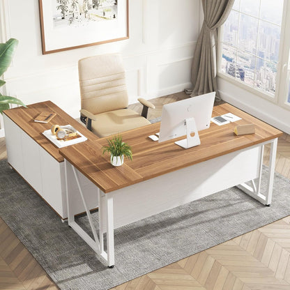 63-Inch Executive Computer Desk with 47-Inch Lateral File Cabinet, Large Workstation Business Furniture, L Shaped Desk with Drawers and Storage Shelves for Home Office, Walnut & White