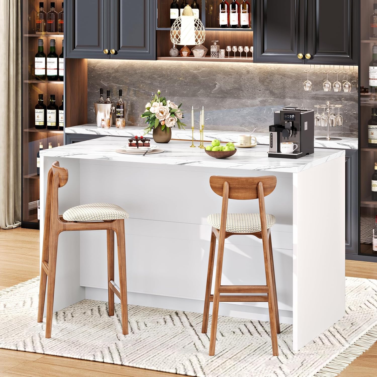 Kitchen Island with Storage, 47.2" Large Faux Marble Countertop Kitchen Island with 2 Drawers and Adjustable Shelves, Coffee Bar Station, Beveled Edge Door Cabinet, Dining Table for 2-4 People, White