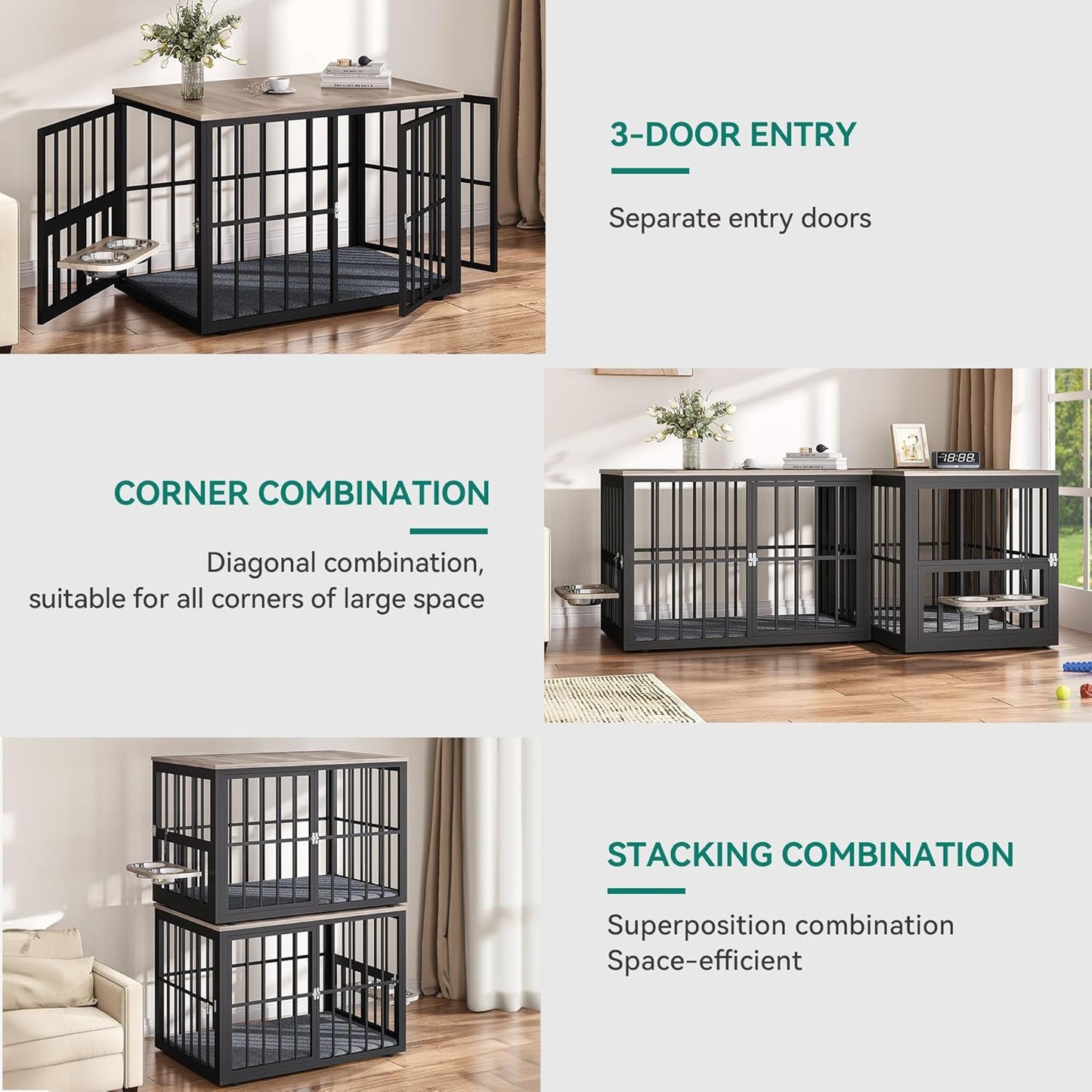 77.6" Large Corner Dog Crate Furniture for 2 Dogs, Steel Frame Cage with Double Doors & Bowls & 3 Doors, Double Dog Crate Furniture TV Stand for Medium Large Dogs, Grey