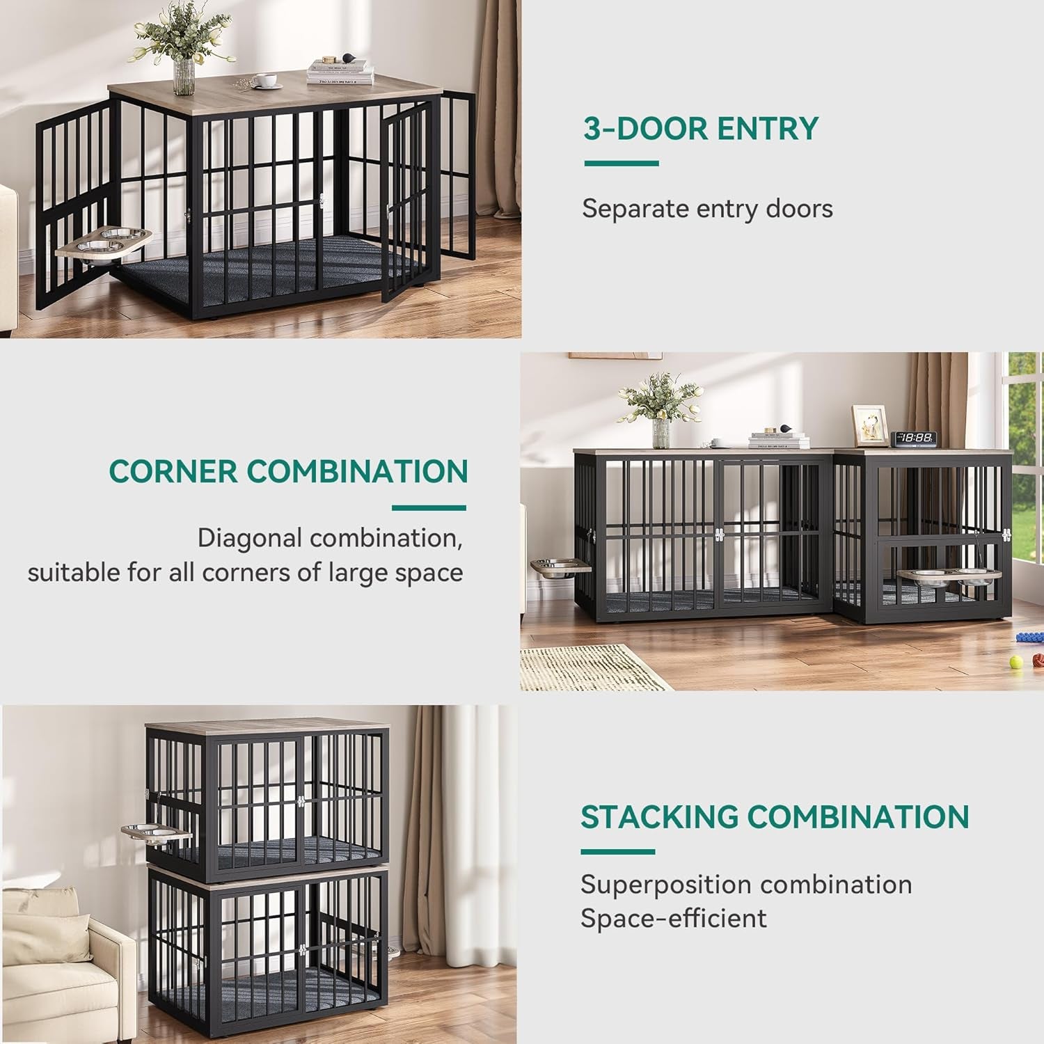 88.6" Large Corner Dog Crate Furniture for 2 Dogs, Large Wooden Dog Kennel with Dog Bowls & 3 Doors, Large Double Dog Crate Furniture TV Stand for Medium Large Dogs, Brown