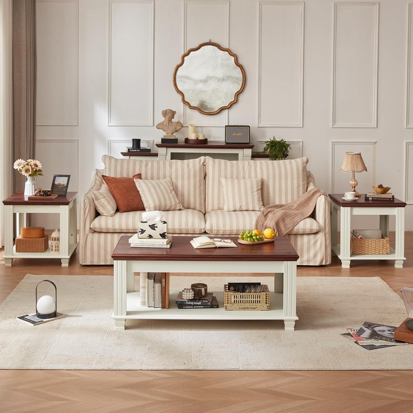 Farmhouse Coffee Table Set of 3, Rustic Wood 3 Piece Coffee and End Table Sets with Open Shelf for Living Room, White