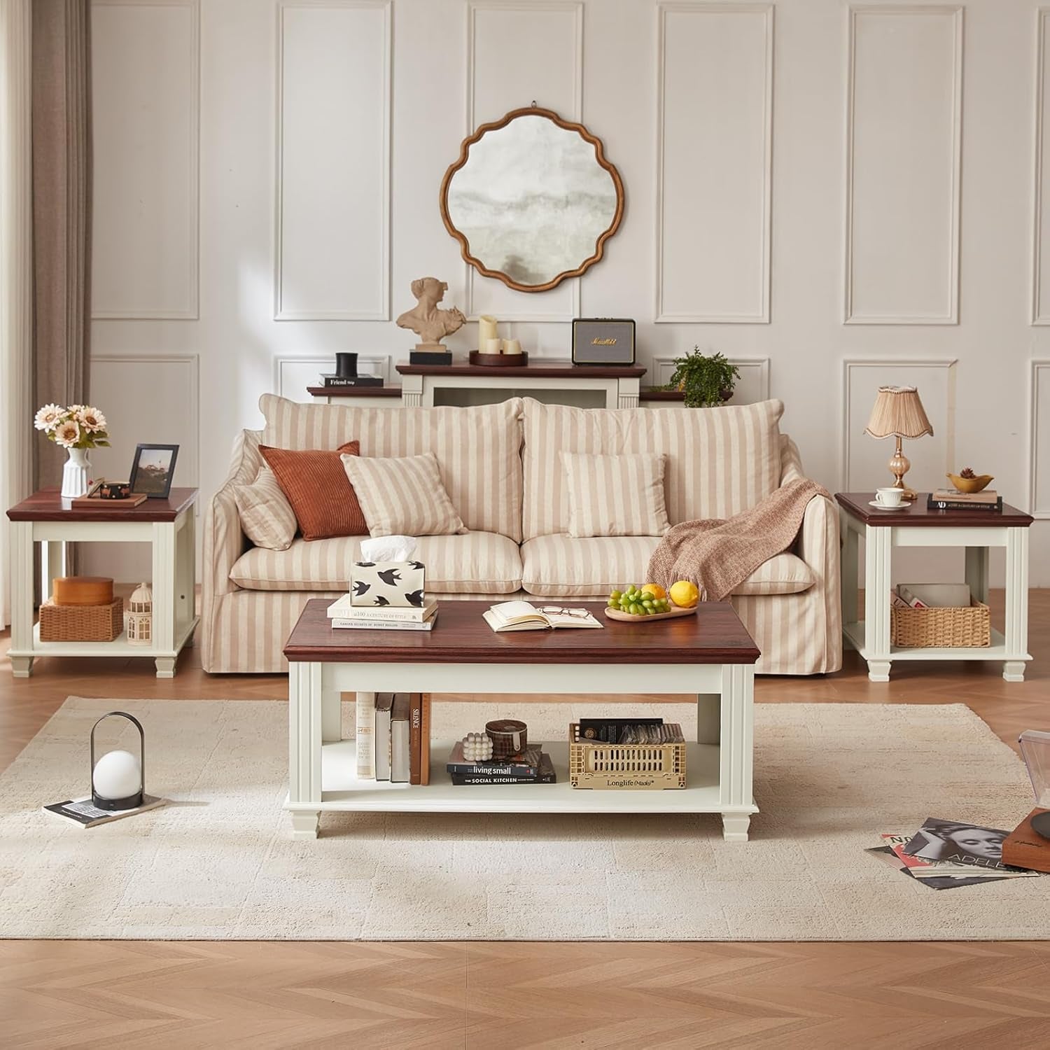 Farmhouse Coffee Table Set of 3, Rustic Wood 3 Piece Coffee and End Table Sets with Open Shelf for Living Room, White