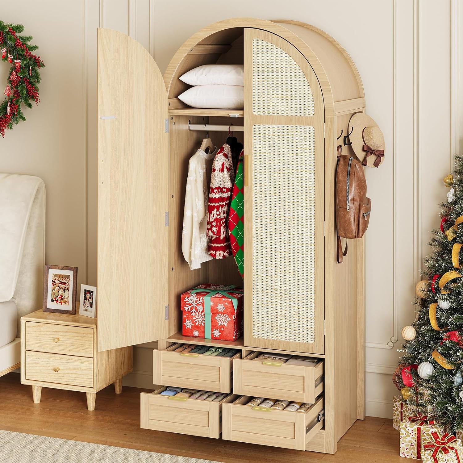 Armoire Wardrobe Closet with 4 Drawers - Wood Bedroom Armoires and Wardrobes with Rattan Doors for Hanging Clothes, Tall Clothing Cabinet Arched Closets for Cloak Room, Large Capacity Storage