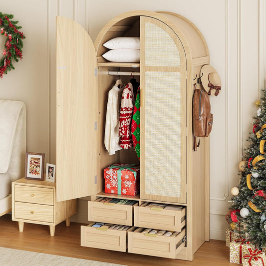 Armoire Wardrobe Closet with 4 Drawers - Wood Bedroom Armoires and Wardrobes with Rattan Doors for Hanging Clothes, Tall Clothing Cabinet Arched Closets for Cloak Room, Large Capacity Storage