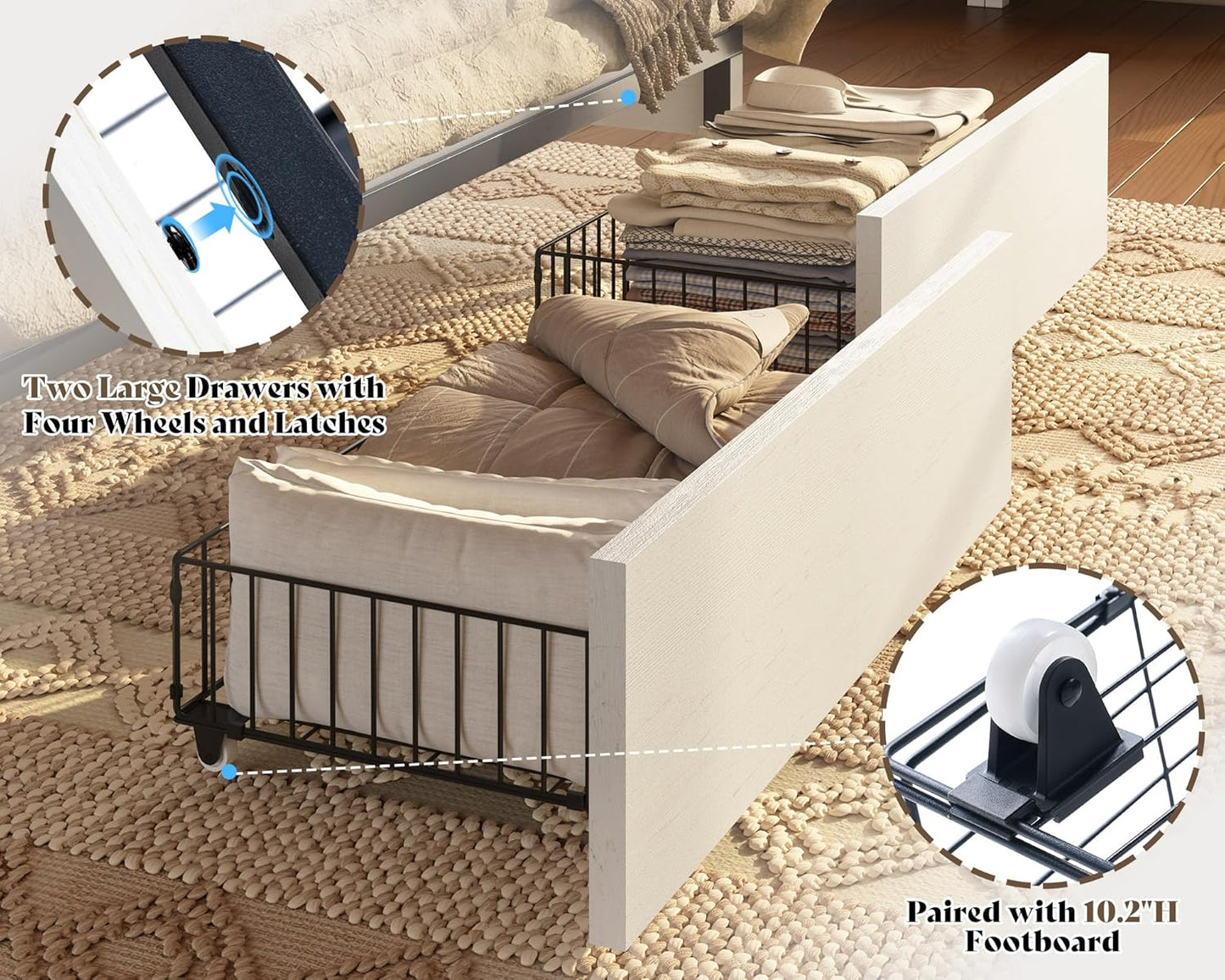 King 47.2" H Bed Frame with Hidden Space Bookcase Headboard and Charging Station, Beds with 2 Storage Drawers and Wood Slats, No Box Spring Needed, White & Barnwood