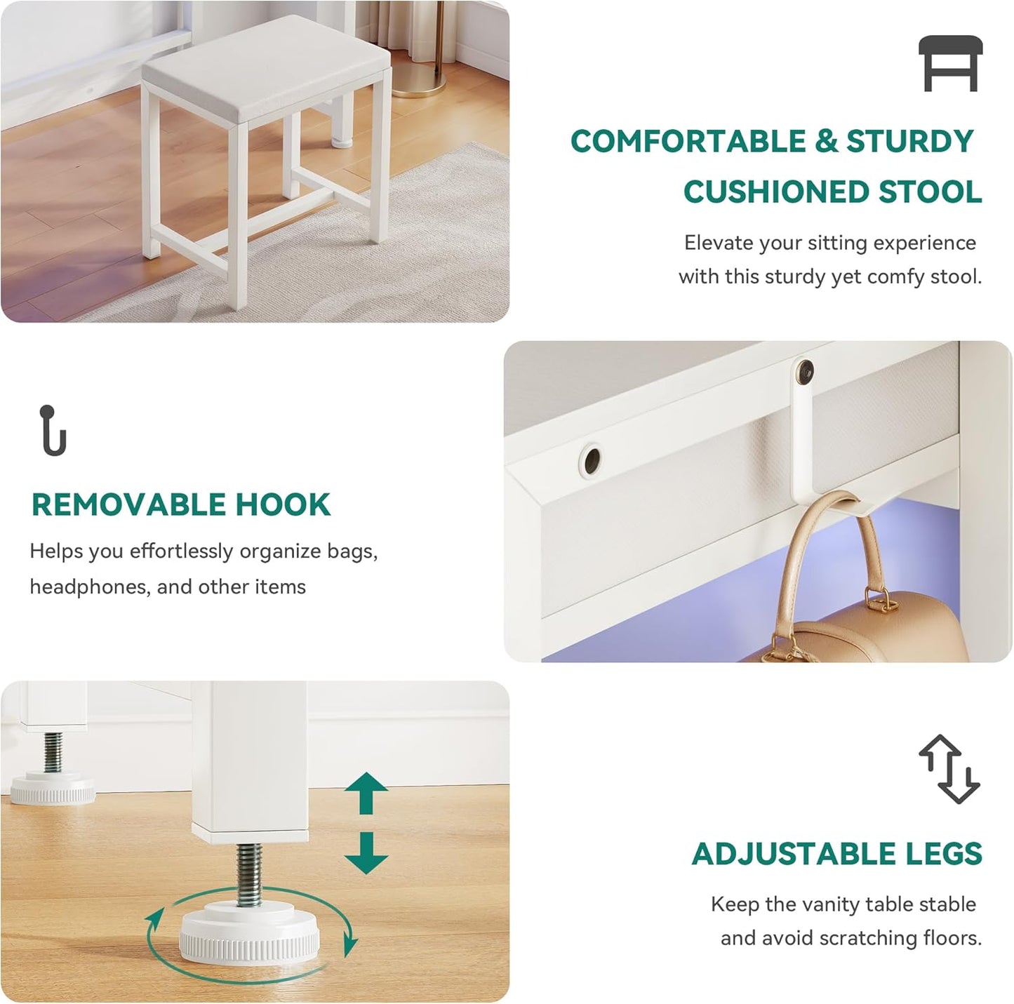 Makeup Vanity Desk with 3-Color Dimmable Lighting Mirror, Vanity Table with 2 Fabric Drawers, Stool, RGB Light Strip & Charging Station, Modern Makeup Desk Set for Home Office, Cream White