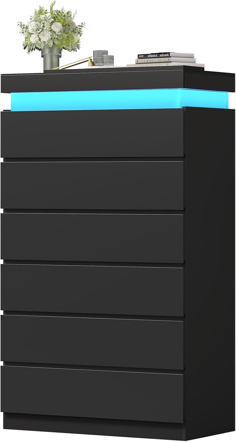 Tall 6 Drawer Dresser with LED Light, Black Modern Chest of Drawers for Bedroom,Closet Dressers with Drawers for Living Room, Entryway, Hallway