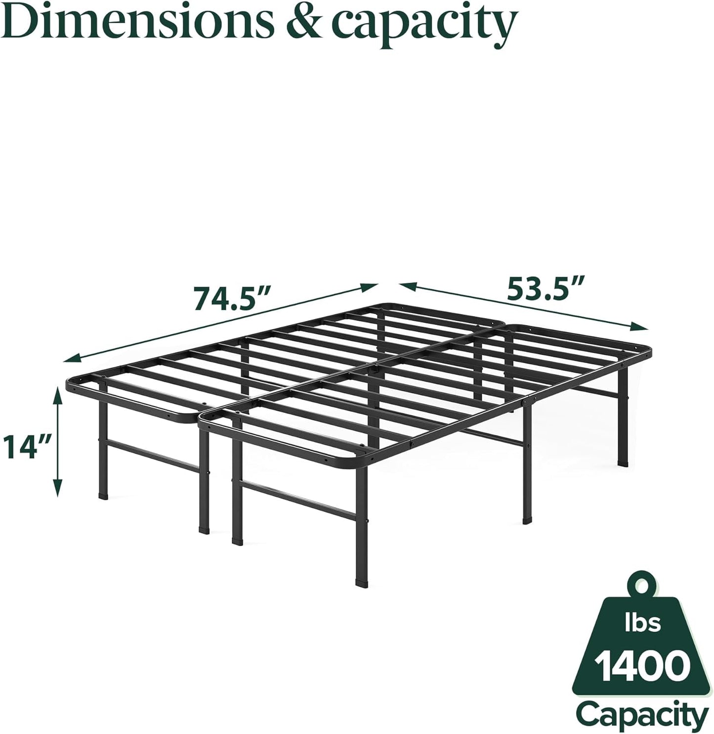 Rumi 14In Full Metal Bed Frame, Quick Assembly Smartbase® Mattress Foundation, Heavy Duty Sturdy Steel with No Box Spring Needed, Eco-Friendly Packaging, Black