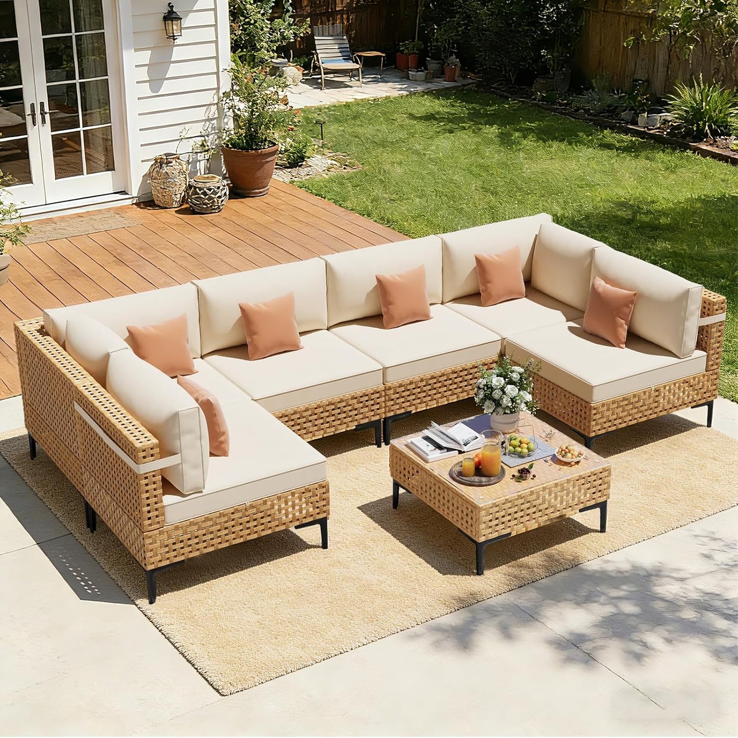 Patio Furniture Set, 110" Large 7-Piece Wicker Outdoor Patio Furniture Sets with Anti-Slip Cushions & Coffee Table,Boho Patio Conversation Set Sectional Sofa for Backyard,Porch,Beige