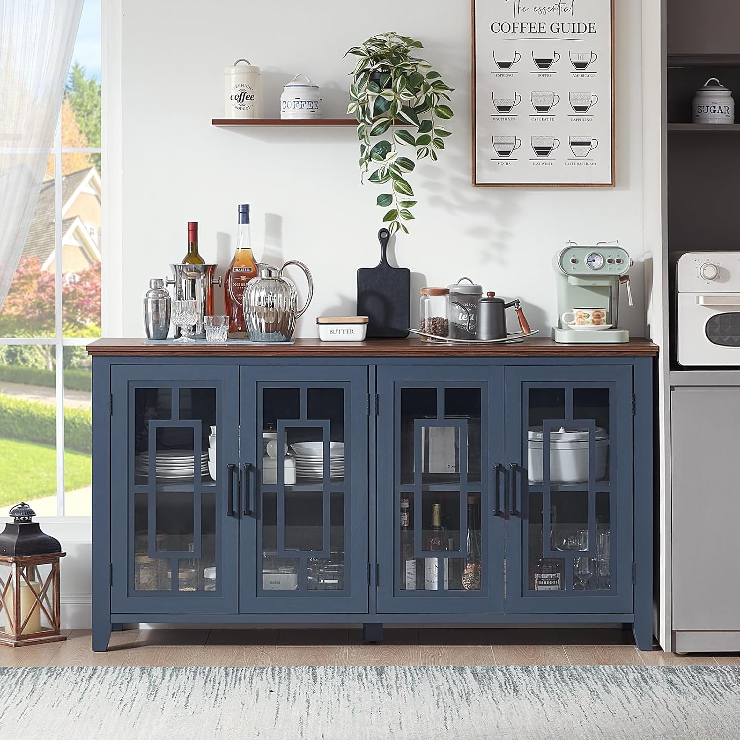 Large Sideboard Buffet Cabinet with Storage, 63" Farmhouse Navy Blue Kitchen Coffee Wine Bar Cabinet with 4 Glass Doors, Mid Century Modern Wood Side Board Table for Dining Room, Living Room