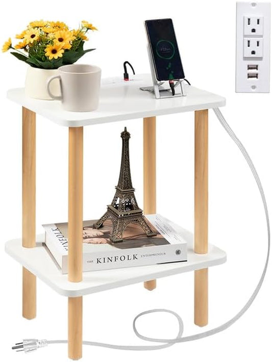 End Table with Charging Station, End Tables with USB Ports and Outlets, Small Side Table for Living Room, Bedroom & Office, Two-Tier Narrow Side Table, Easy Assembly