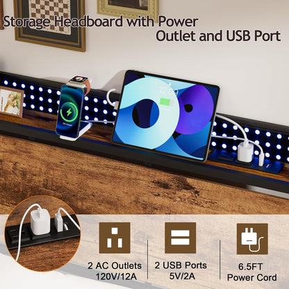 Queen Bed Frame with Headboard Storage, Bed Frame Queen Size with Charging Station and LED Lights No Box Spring Needed,Heavy Duty Steel Slats,Noise Free