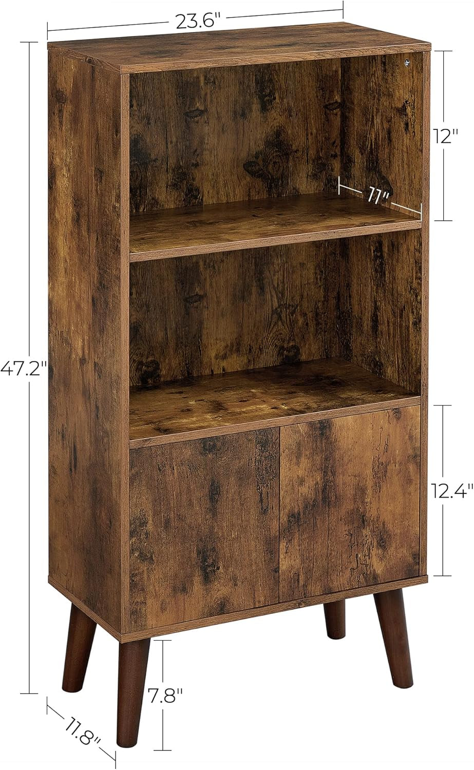 Bookcase, 2-Tier Retro Bookshelf with Doors, Storage Cabinet for Books, Photos, Decorations in Living Room, Office, Study, Mid-Century Style, Rustic Brown ULBC09BX