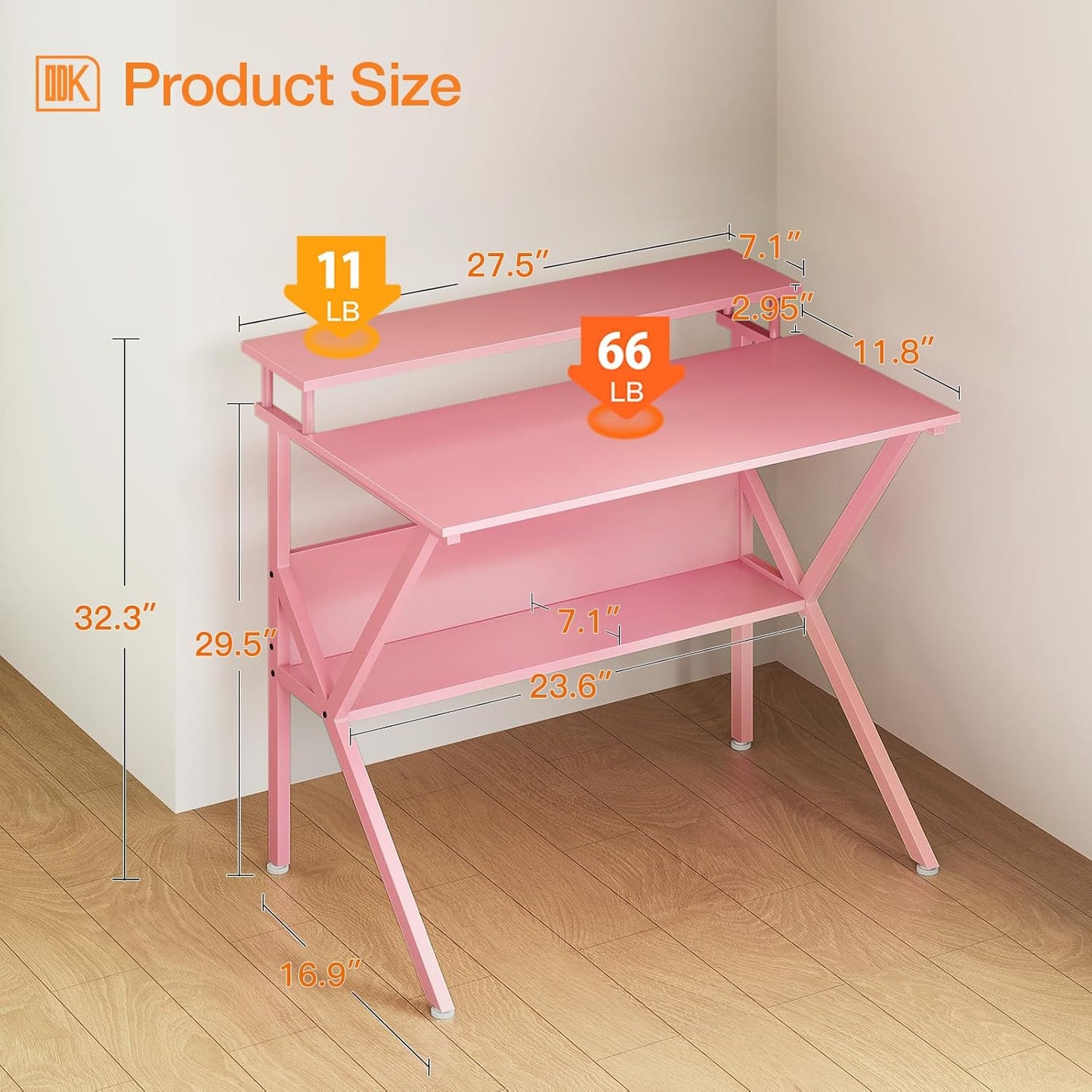 Small Desk, 27.5 Inch Computer Desk for Small Spaces, Study Desk with Storage & Monitor Stand, Pink