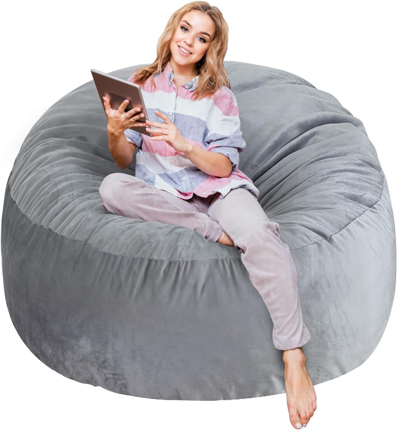 3 Ft Large Bean Bag Chairs for Adults/Teens with Memory Foam Filling, Comfy Bean Bag Sofa with Filler Included, Soft Dutch Velvet Fabric Beanbags,3 Foot, Grey