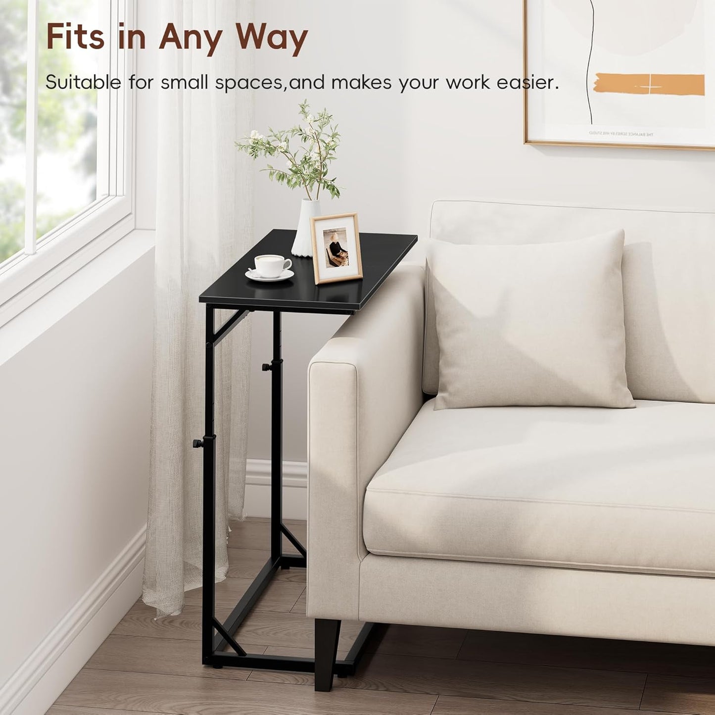 C Shaped End Table, 33"Tall Side Table for Couch, C-Table Sofa Table Adjustable Height Side Table, Large Surface Slide under Couch Table, Coffee Table TV Tray for Living Room, Bedroom, Black