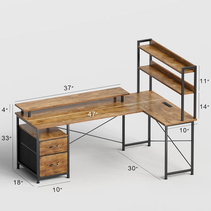 L Shaped Desk with Shelves,Reversible Computer Desk with LED Lights and Charging Station,Home Office Corner Desk with Monitor Stand,Brown2