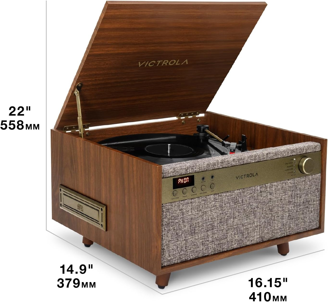Century 6-In-1 Vinyl Record Player & Music Center – 3-Speed Turntable, CD & Cassette Player, VINYLSTREAM, Bluetooth & 3.5Mm Aux, Record Player with Speakers, Mid Century Design (Walnut)