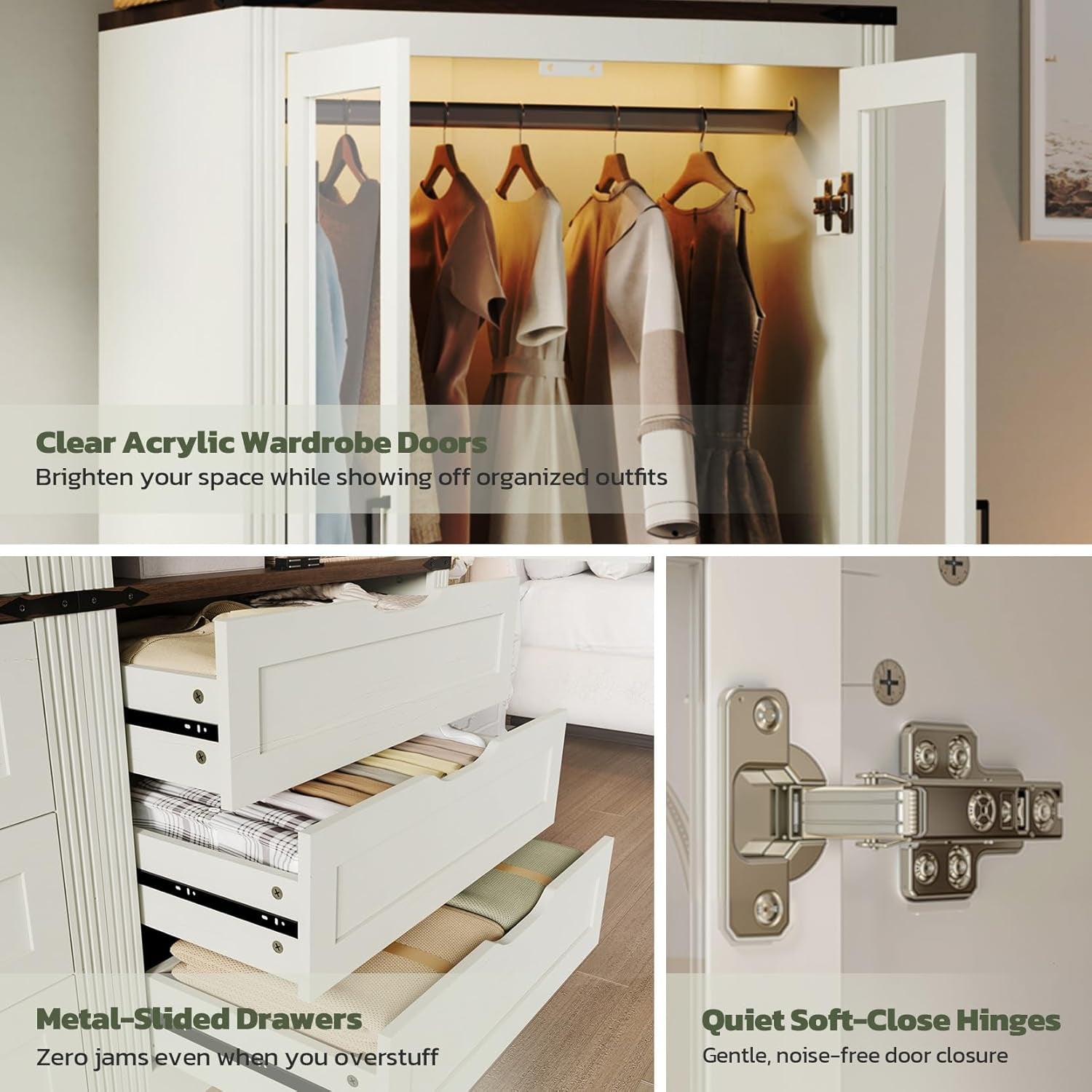 73'' Tall Farmhouse Armoire Wardrobe Closet with LED Light, Wood Wardrobe Closet with 2 Doors 3 Drawers, Freestanding Bedroom Armoire Clothing Storage Cabinet, Antique White