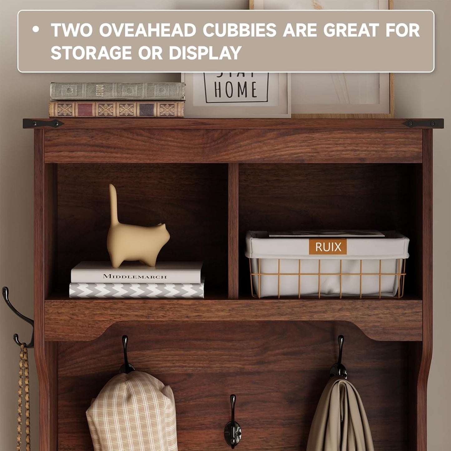 Farmhouse Narrow Coat Rack with Shoe Storage, 6 Shoe Cubbies & 4 Coat Hooks, Hall Tree with Shoe Storage, Entryway Bench with Adjustable Shelves for Hallway, Living Room, Mudroom, Brown