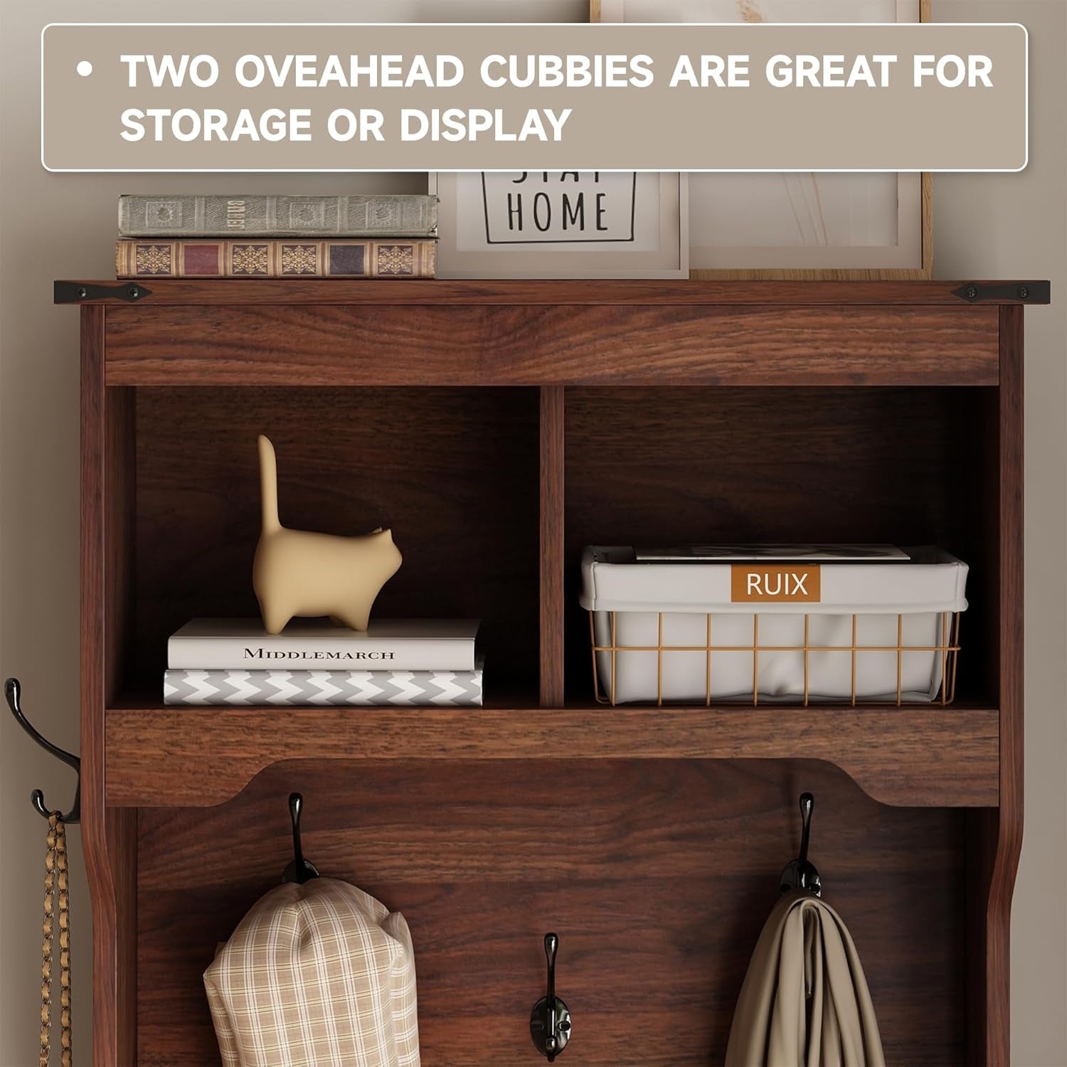 Farmhouse Narrow Coat Rack with Shoe Storage, 6 Shoe Cubbies & 4 Coat Hooks, Hall Tree with Shoe Storage, Entryway Bench with Adjustable Shelves for Hallway, Living Room, Mudroom, Brown