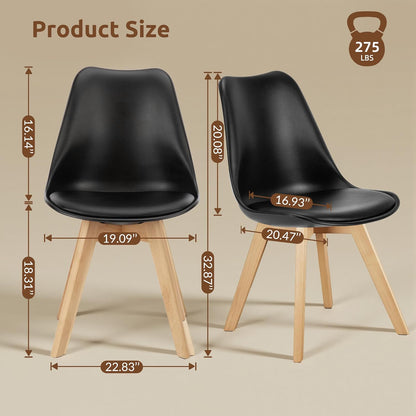 Dining Chairs Set of 4, Modern Upholstered Dining Room Chairs with PU Leather Padded Seat, Armless Kitchen Chairs with Curved Backrest and Solid Wood Legs for Dining Room, Kitchen, Apartment, Black