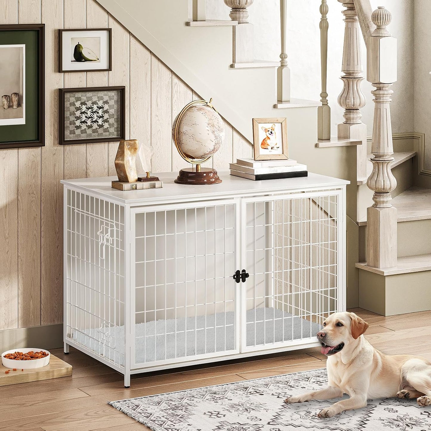 Dog Crate Furniture with Cushion, Wooden Dog Kennel with Double Doors, Heavy Duty Dog Cage for Small/Medium/Large Dogs, Indoor Dog House End Table, 31.5" L, Greige DCHG0701