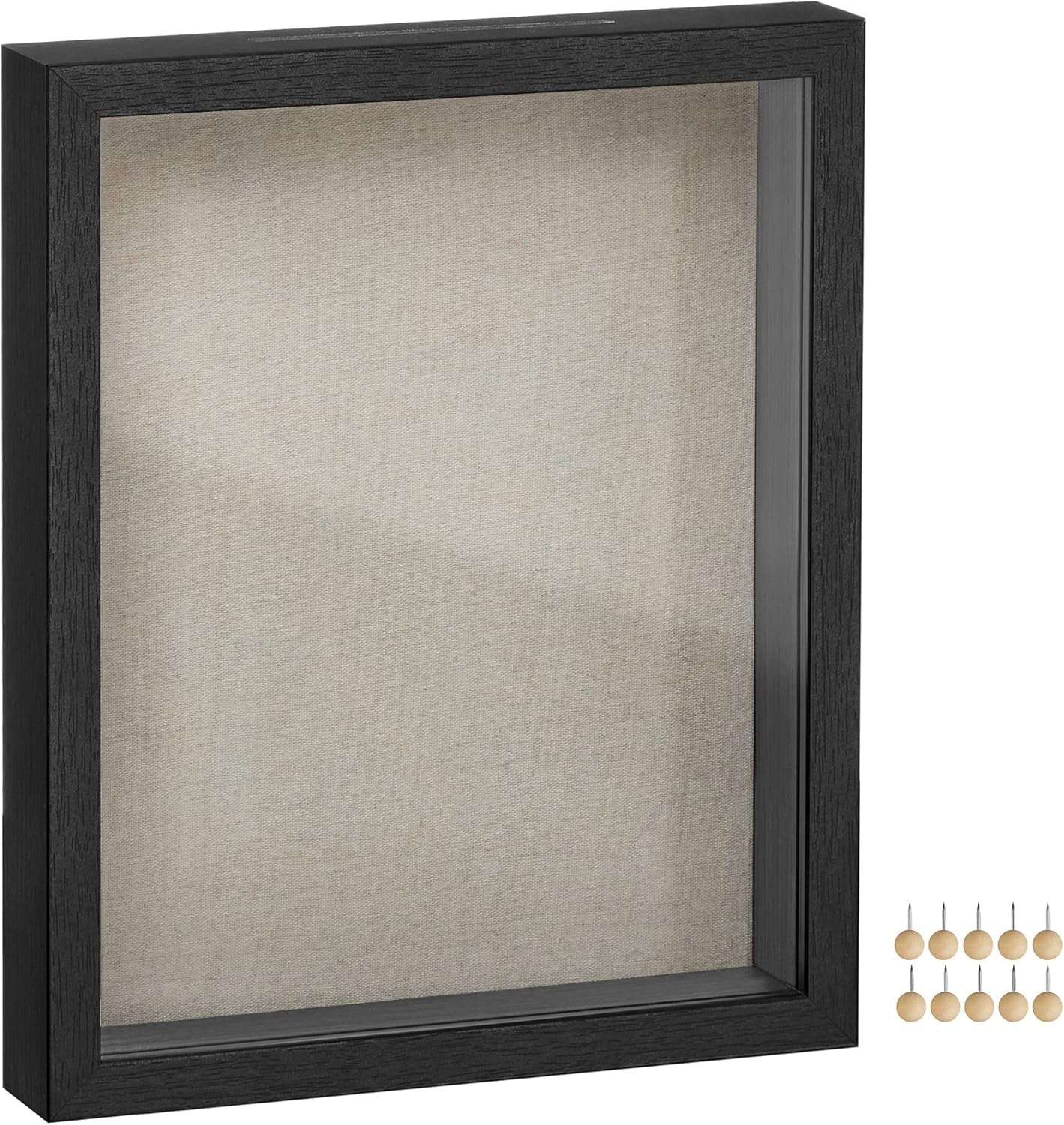 11X14 Shadow Box Frame, Deep Box Frame with Top Slot and Push Pins, Wood Picture Display Case for Savings, Linen Fabric Backing for DIY Craft, Glass Front, Black, Gift URPF009B01