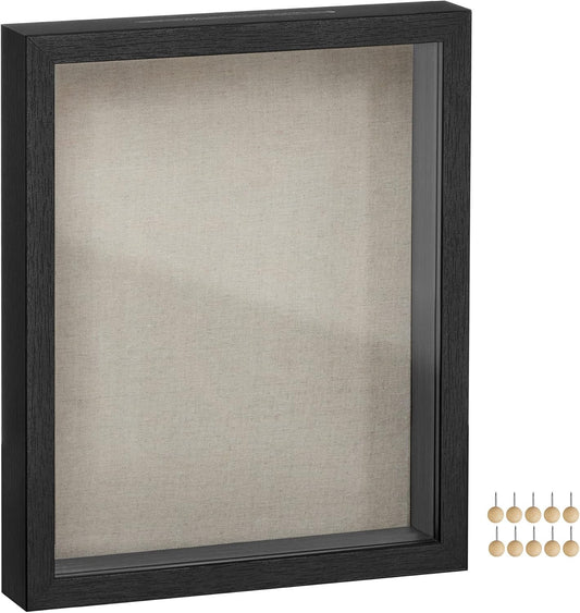 11X14 Shadow Box Frame, Deep Box Frame with Top Slot and Push Pins, Wood Picture Display Case for Savings, Linen Fabric Backing for DIY Craft, Glass Front, Black, Gift URPF009B01