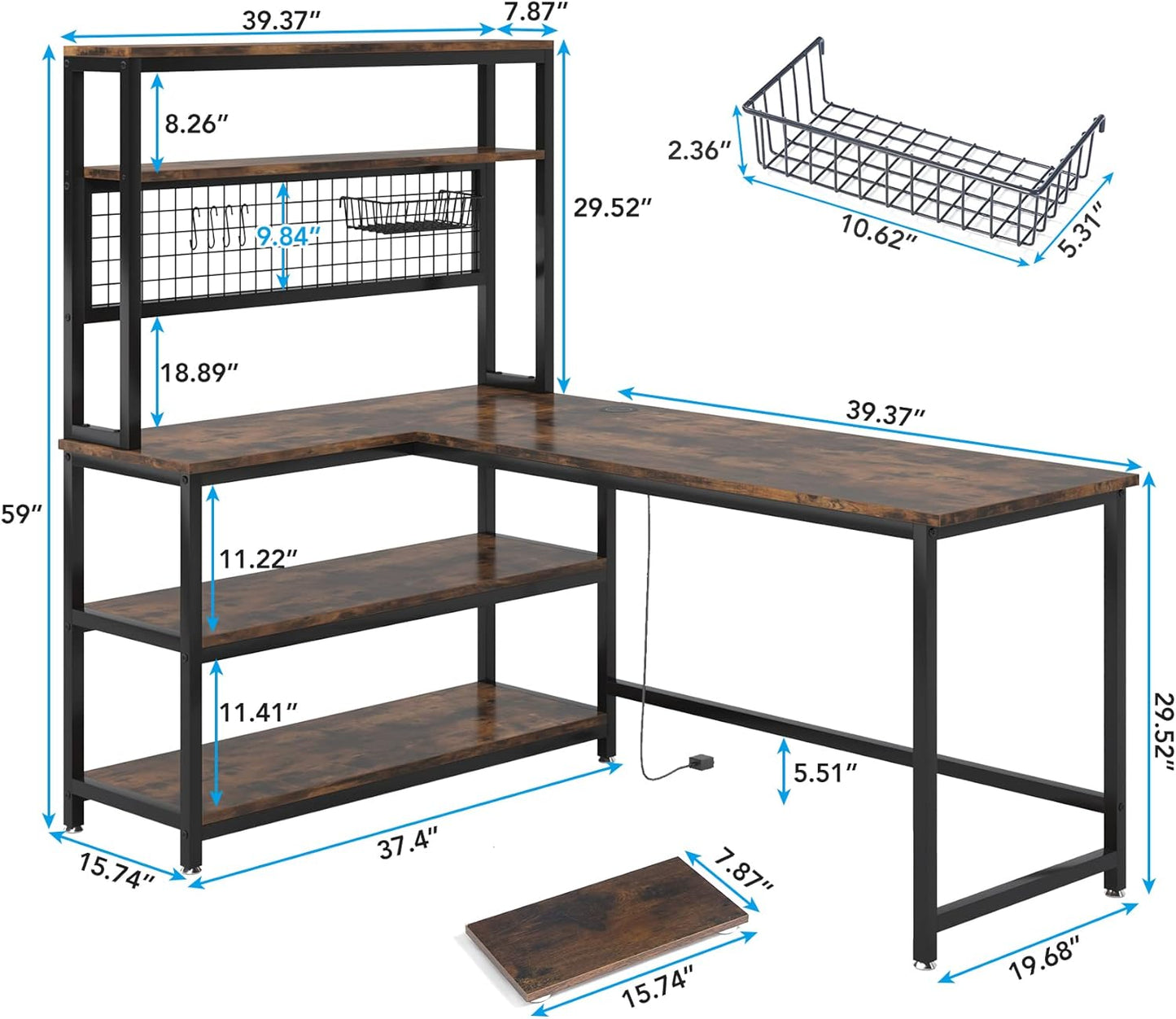 55" L-Shape Computer Desk with Hutch and Wireless Charging, Office Desk Study Table Writing Desk Workstation with 5 Shelves and Movable CPU Stand for Home Office (Brown)