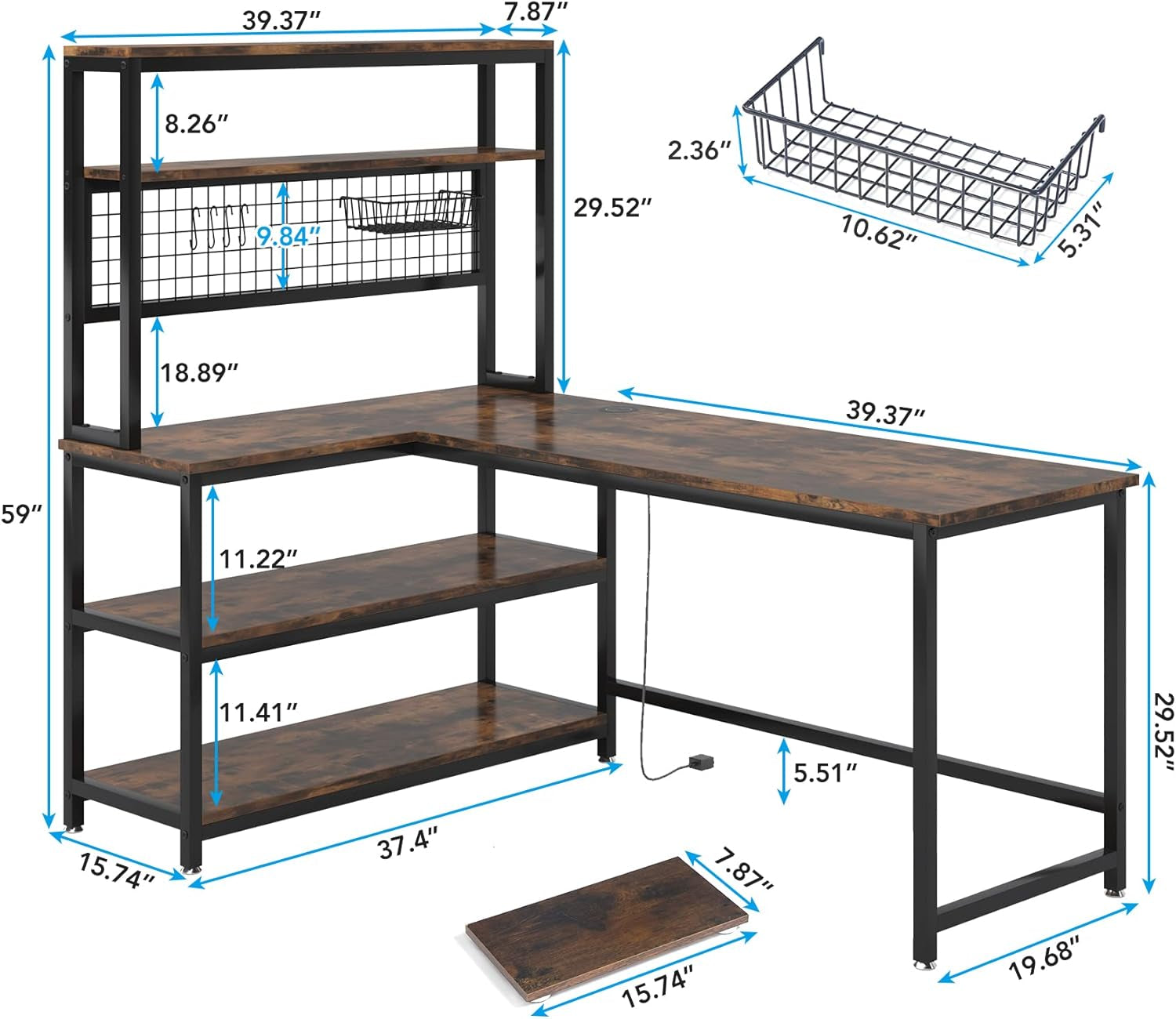 55" L-Shape Computer Desk with Hutch and Wireless Charging, Office Desk Study Table Writing Desk Workstation with 5 Shelves and Movable CPU Stand for Home Office (Brown)
