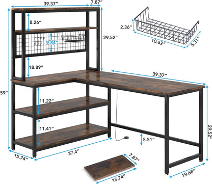 55" L-Shape Computer Desk with Hutch and Wireless Charging, Office Desk Study Table Writing Desk Workstation with 5 Shelves and Movable CPU Stand for Home Office (Brown)