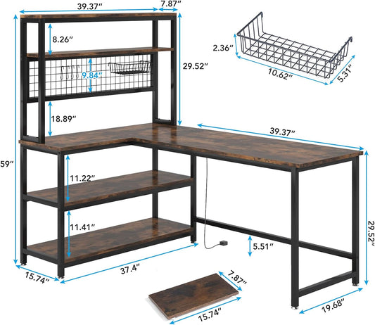 55" L-Shape Computer Desk with Hutch and Wireless Charging, Office Desk Study Table Writing Desk Workstation with 5 Shelves and Movable CPU Stand for Home Office (Brown)