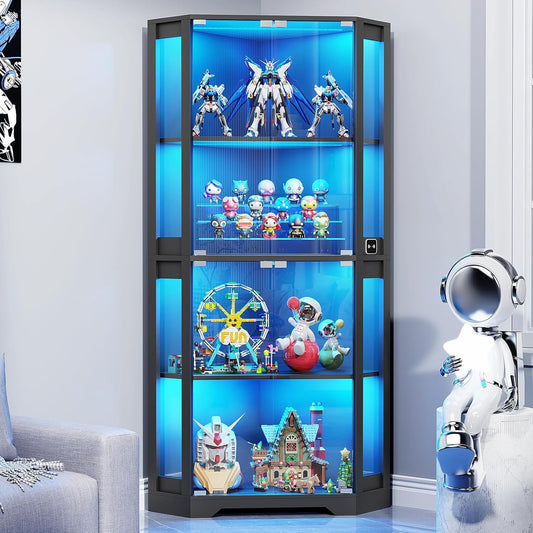 Corner Display Cabinet with Glass Doors, 65" Lighted Curio Cabinet with 3 Color LED Lights for Collectibles, 4-Tier Showcase Display Case with Human Body Sensor for Toys, Books, Black | 3 Color Lights, for Collectibles, 4-Tier, Display Case, Human Body Sensor, for Toys