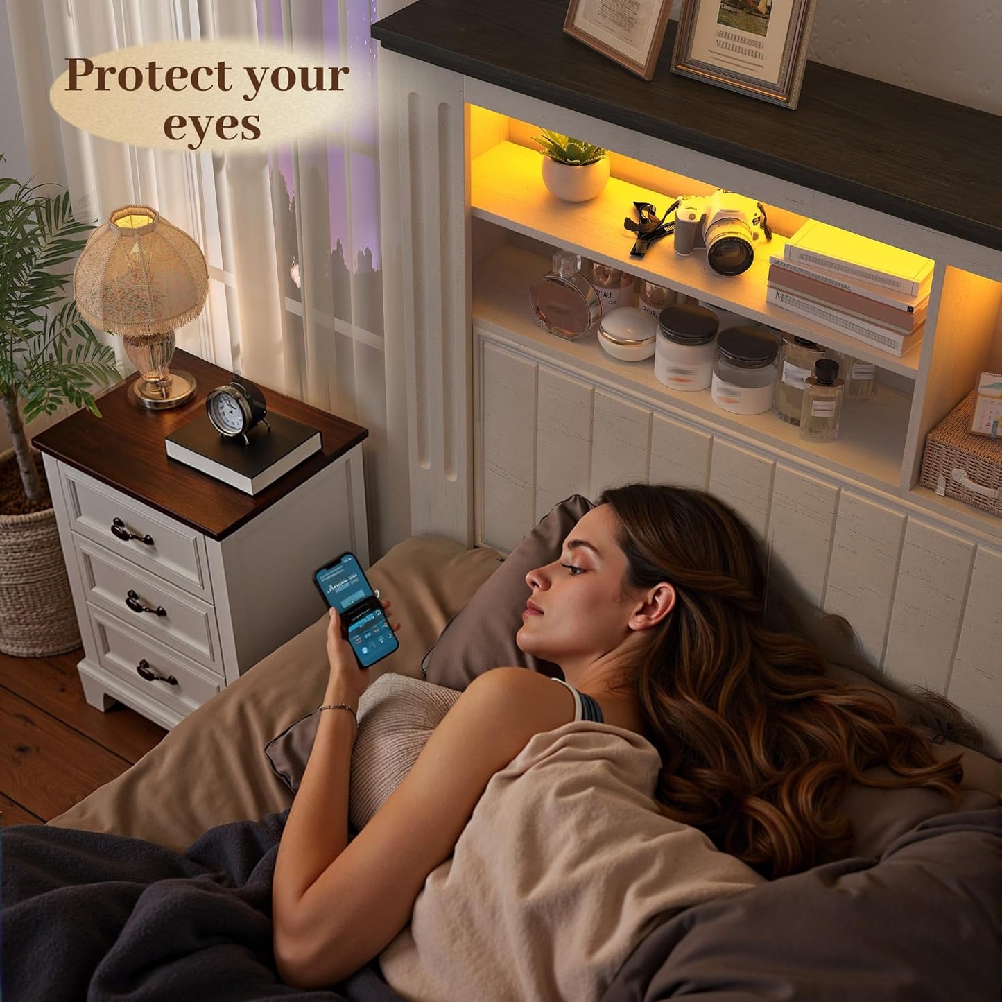 Queen Bed Frame with Headboard, Bed Frame Queen Size with 4 Drawers Charging Port & LED, Farmhouse Queen Bed Built in Charging Station,No Box Spring Needed,No Noise,White with Grain Marks