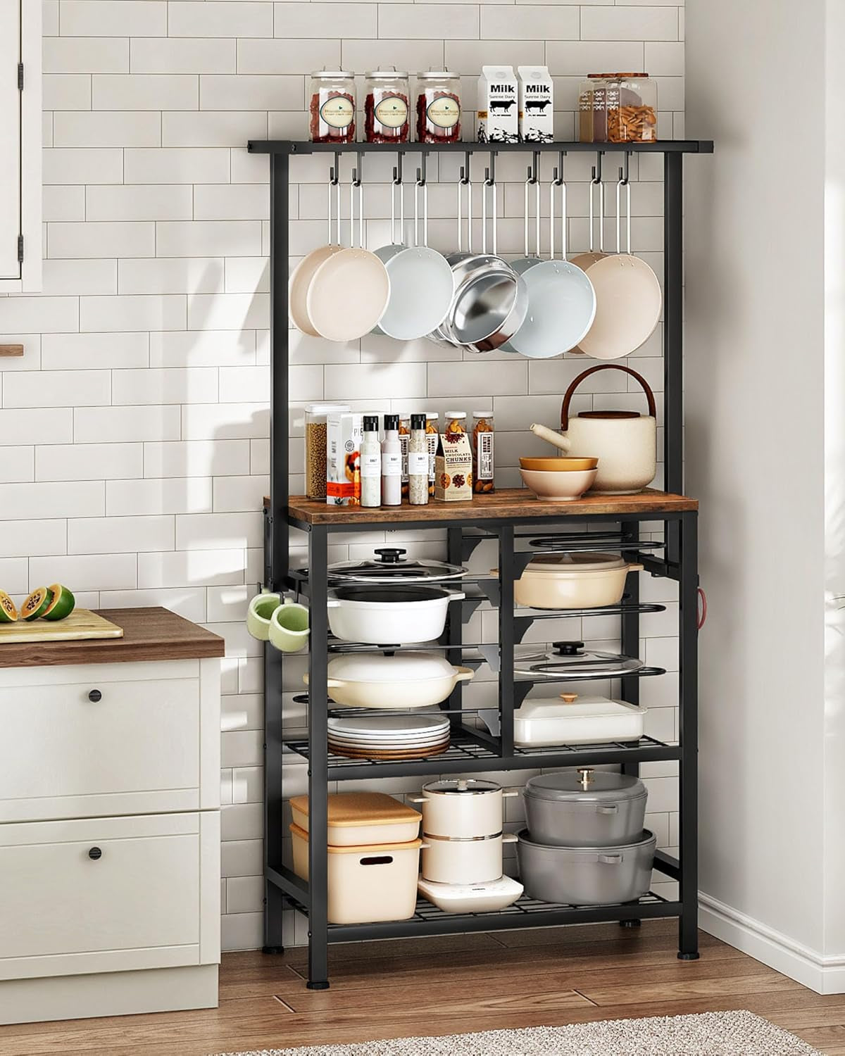 Pots and Pans Organizer Rack, Kitchen Bakers Rack, Multi-Tier Storage Shelf, Kitchen Island Table, Cooking Rack with Pots and Pans Storage, Rustic Brown and Black TPR60BF