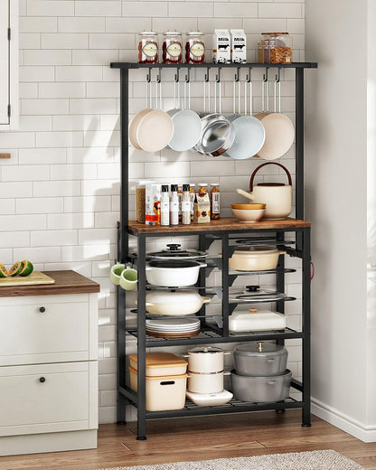 Pots and Pans Organizer Rack, Kitchen Bakers Rack, Multi-Tier Storage Shelf, Kitchen Island Table, Cooking Rack with Pots and Pans Storage, Rustic Brown and Black TPR60BF
