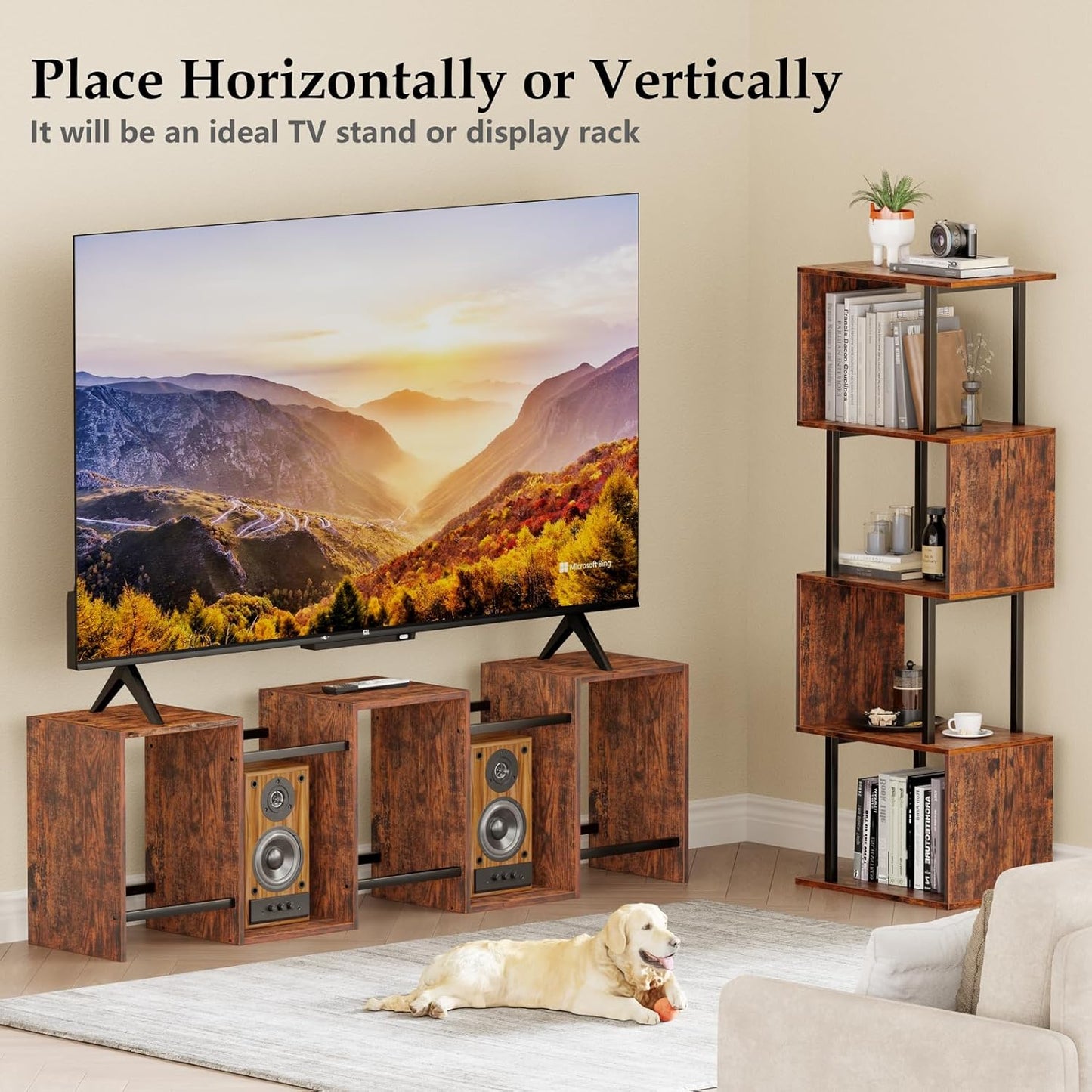 6 Tier Bookshelf, Tall S Shaped Geometric Bookcase, Modern Display Shelf Standing Unit, Wood Metal Decorative Divider Rack for Living Room Bedroom Office, Rustic Brown