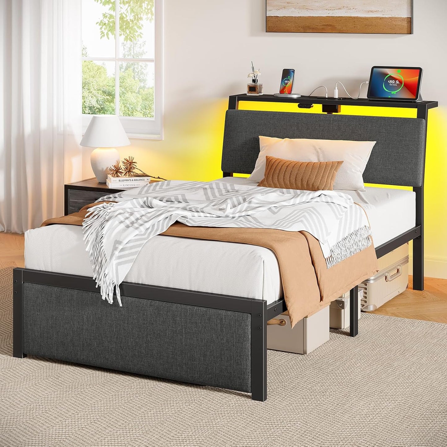 Twin Bed Frame with Ergonomic Headboard Storage & Charging Station, Upholstered Platform Bed with LED Light & Drawer, Heavy Duty Metal Slats, Noise Free, No Box Spring Needed, Grey