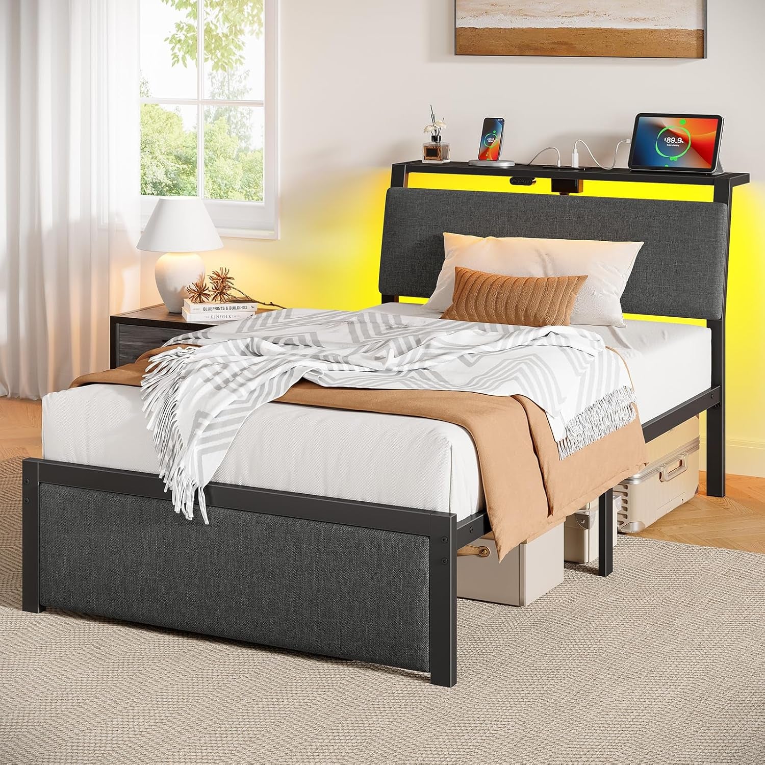Twin Bed Frame with Ergonomic Headboard Storage & Charging Station, Upholstered Platform Bed with LED Light & Drawer, Heavy Duty Metal Slats, Noise Free, No Box Spring Needed, Grey