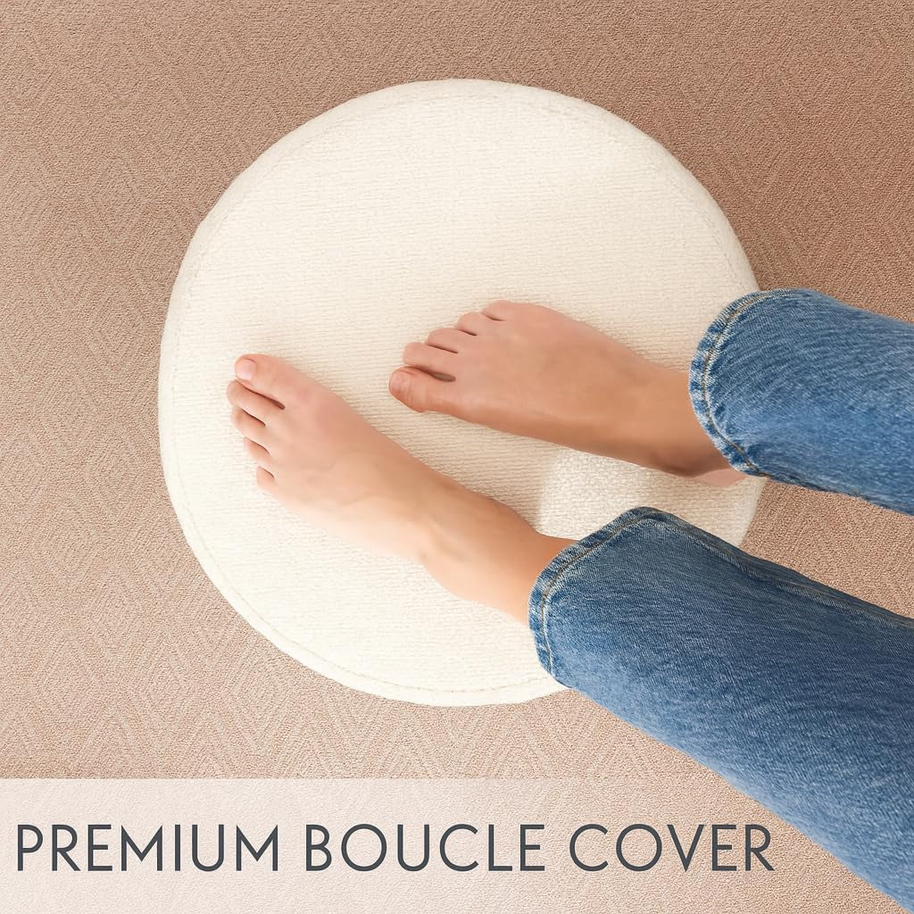 Round Pouf Ottoman and Foot Rest, Soft Boucle Footstool Ottomans for Living Room, Comfort Sponge Stuffed Poofs for Couch Desk Resting Your Feet, White(17.1" D X 17.1" W X 14" H)