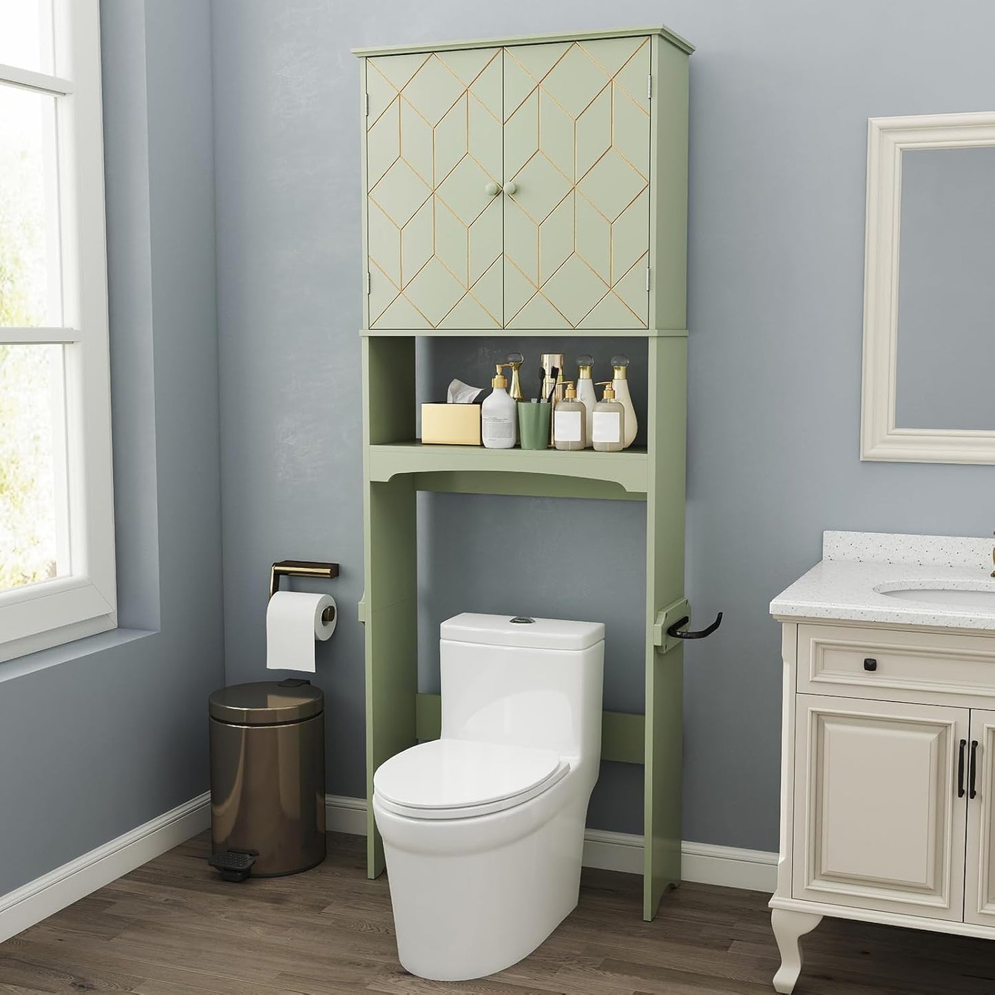 over the Toilet Storage Cabinet with Gold Trim,Modern Bathroom Cabinet over Toilet with Adjustable Shelves and Toilet Paper Holder,Over Toilet Organizer Space Saver for Bathroom (Green)