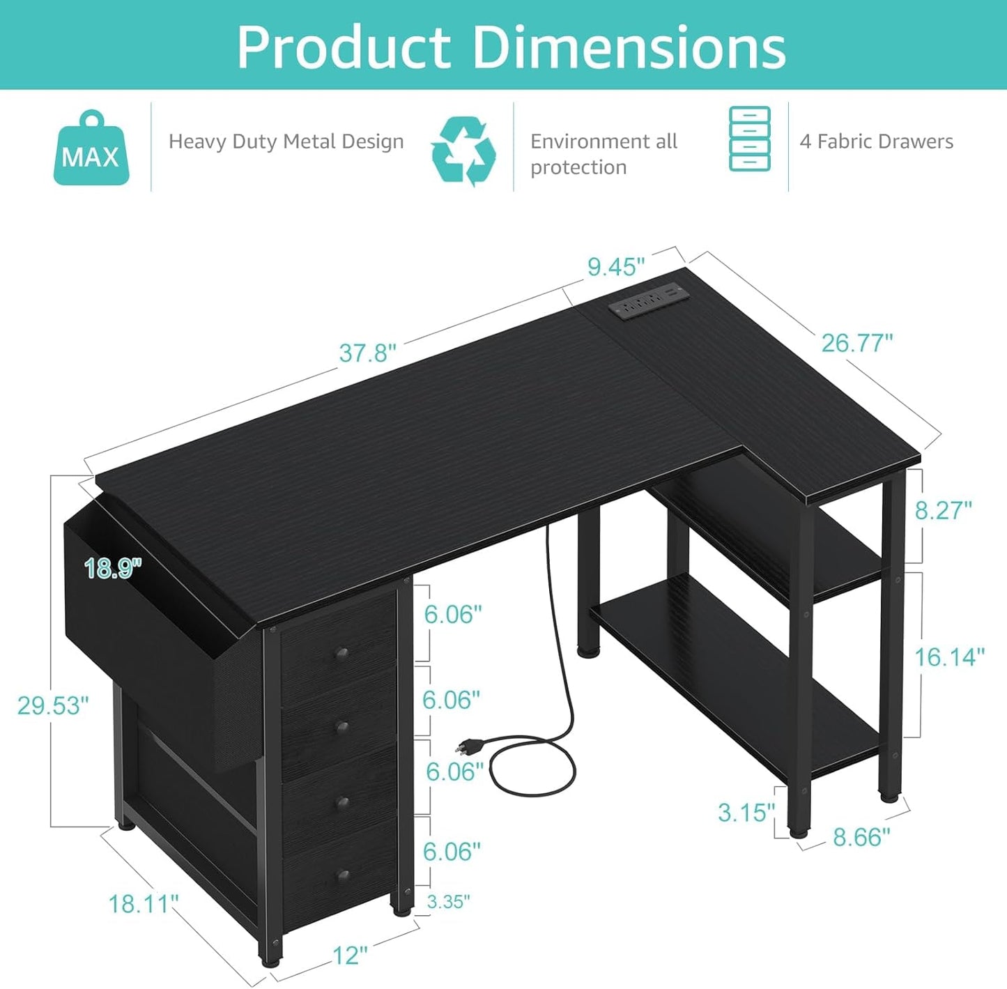 L Shaped Gaming Desk with Power Outlet, 47 Inch Reversible Corner Computer Desk with Drawers & Storage Shelves for Home Office Bedroom, L-Shaped Teen PC Desks with Fabric Drawer, Black