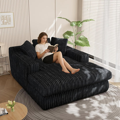 76" Oversized Chaise Lounge Chair Indoor, Cloud Boneless Sleeper Couch Corduroy Upholstered Sofa Bed Deep Seat Comfy Reading Chair with 3 Pillows for Living Room Bedroom, Black
