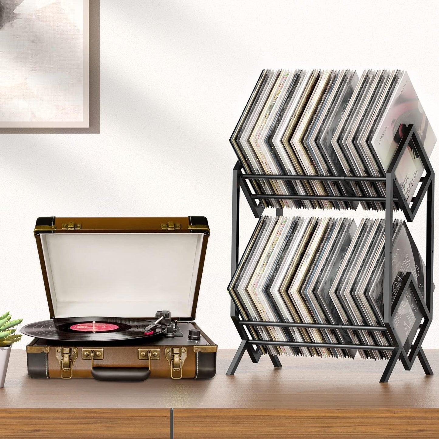 2-Tier-Vinyl-Record-Storage-Holder with Dividers, 200 Lps Albums Storage Rack Shelf, Steel Music Records Display Shelf Organizer for Book, Magazine, Files,Matte Black