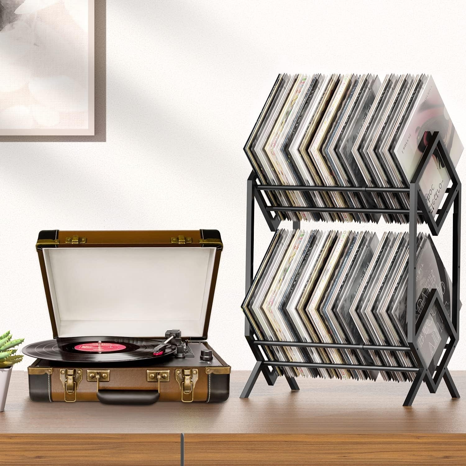 2-Tier-Vinyl-Record-Storage-Holder with Dividers, 200 Lps Albums Storage Rack Shelf, Steel Music Records Display Shelf Organizer for Book, Magazine, Files,Matte Black